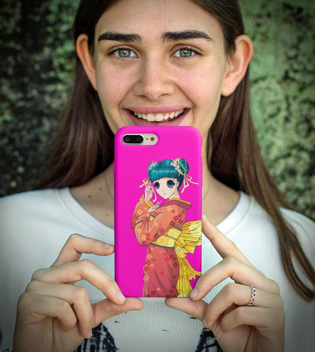 Cute Anime Kimono Girl iPhone Case - Neon Pink