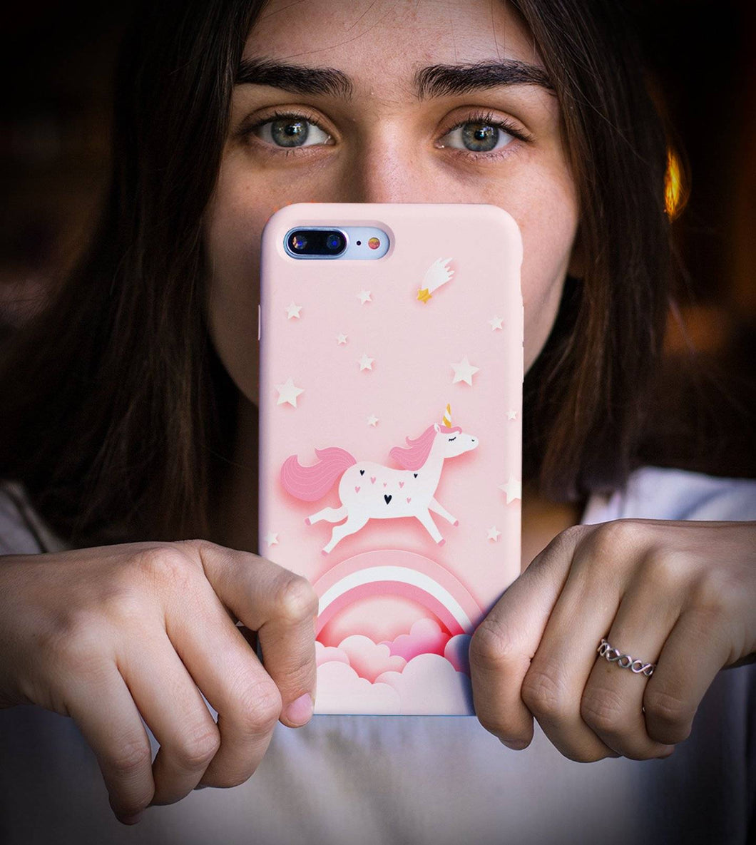 Cute Unicorn Flying Over Rainbow Pink iPhone Case